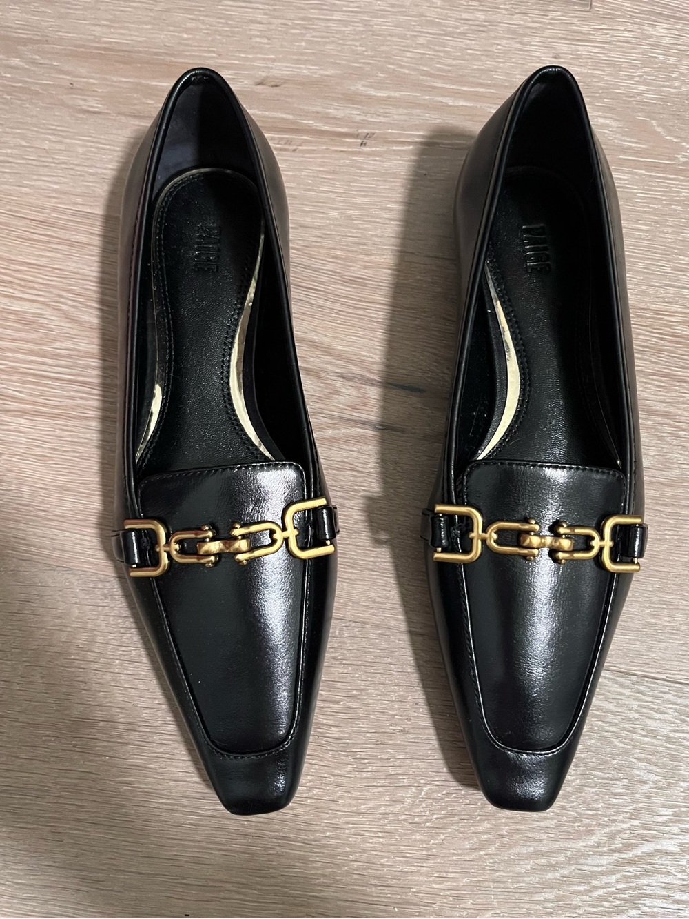PAIGE Wade Snip Toe Loafers Black Glossy Leather Gold Bit Flat Shoes 5.5